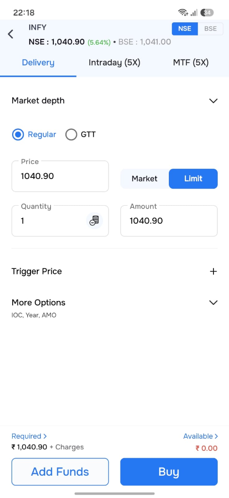 Sharekhan Mobile App - INFY Delivery, Intraday & 5X MTF Order Ticket