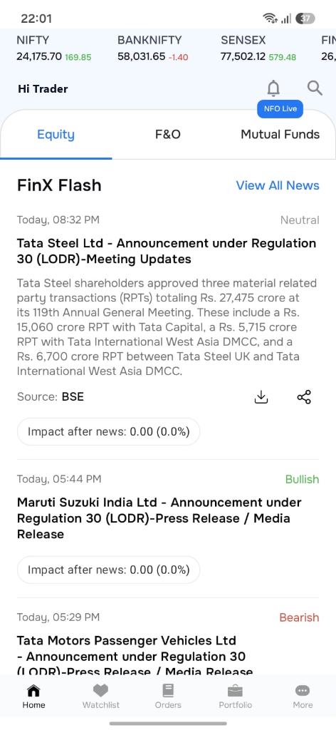 Sharekhan Mobile App - FinX Flash Real-Time Market News